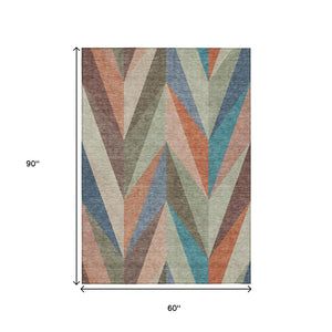 HomeRoots 5' X 8' Geometric Sage, Orange & Blue Area Rug - Washable, Durable for Indoor/Outdoor Use, Stain-Resistant 641207
