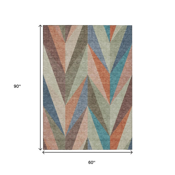 HomeRoots 5' X 8' Geometric Sage, Orange & Blue Area Rug - Washable, Durable for Indoor/Outdoor Use, Stain-Resistant 641207
