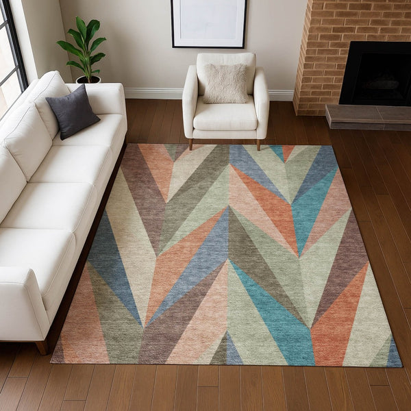 HomeRoots 5' X 8' Geometric Sage, Orange & Blue Area Rug - Washable, Durable for Indoor/Outdoor Use, Stain-Resistant 641207