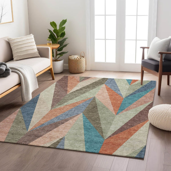 HomeRoots 5' X 8' Geometric Sage, Orange & Blue Area Rug - Washable, Durable for Indoor/Outdoor Use, Stain-Resistant 641207