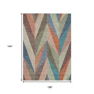 HomeRoots 9' X 12' Stylish Geometric Sage, Orange & Blue Washable Area Rug for Indoor & Outdoor Spaces 641210