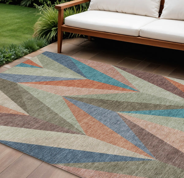 HomeRoots 10' Geometric Washable Area Rug in Sage, Orange & Blue - Durable Indoor/Outdoor Style for All Spaces 641211