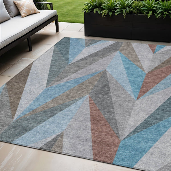 HomeRoots 5' X 8' Geometric Teal Blue Copper Gray Area Rug - Durable, Washable, Stylish for Indoor & Outdoor Use 641213
