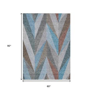 HomeRoots 5' X 8' Geometric Teal Blue Copper Gray Area Rug - Durable, Washable, Stylish for Indoor & Outdoor Use 641213