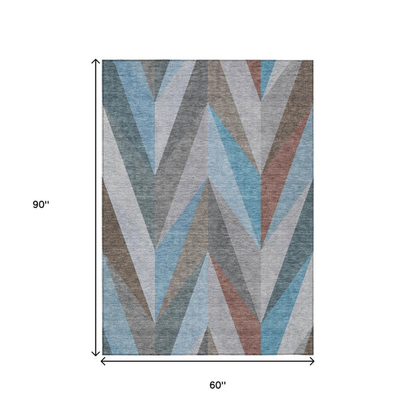 HomeRoots 5' X 8' Geometric Teal Blue Copper Gray Area Rug - Durable, Washable, Stylish for Indoor & Outdoor Use 641213