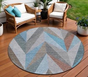HomeRoots 8' Teal Blue Round Geometric Area Rug - Stylish, Washable, Durable for Indoor & Outdoor Use 641214