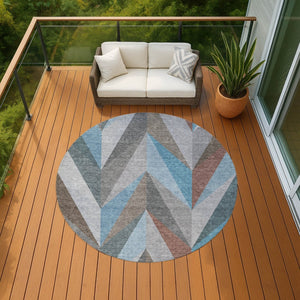 HomeRoots 8' Teal Blue Round Geometric Area Rug - Stylish, Washable, Durable for Indoor & Outdoor Use 641214