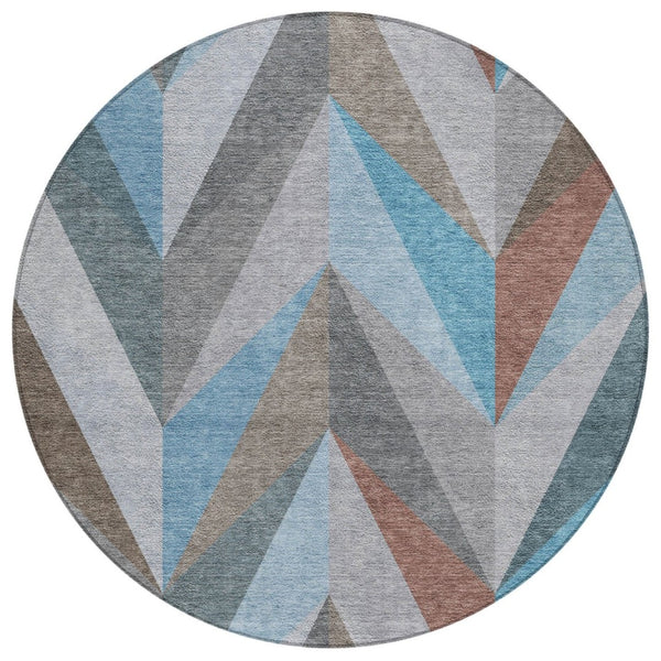 HomeRoots 8' Teal Blue Round Geometric Area Rug - Stylish, Washable, Durable for Indoor & Outdoor Use 641214
