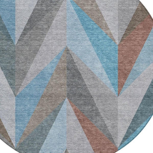 HomeRoots 8' Teal Blue Round Geometric Area Rug - Stylish, Washable, Durable for Indoor & Outdoor Use 641214
