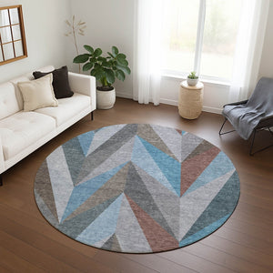 HomeRoots 8' Teal Blue Round Geometric Area Rug - Stylish, Washable, Durable for Indoor & Outdoor Use 641214