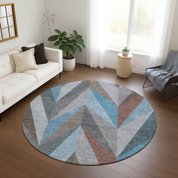 HomeRoots 8' Teal Blue Round Geometric Area Rug - Stylish, Washable, Durable for Indoor & Outdoor Use 641214
