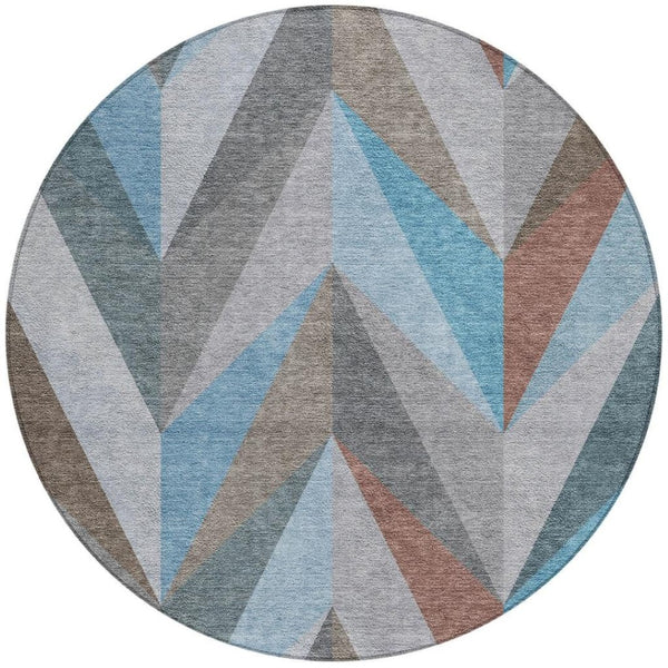 HomeRoots 8' Teal Blue Round Geometric Area Rug - Stylish, Washable, Durable for Indoor & Outdoor Use 641214