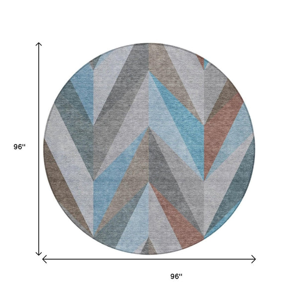 HomeRoots 8' Teal Blue Round Geometric Area Rug - Stylish, Washable, Durable for Indoor & Outdoor Use 641214