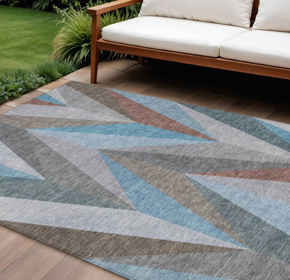 HomeRoots 10' Geometric Teal Blue, Copper & Gray Washable Area Rug for Indoor & Outdoor Spaces – Modern Style 641217