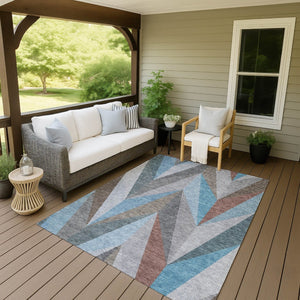 HomeRoots 10' Geometric Teal Blue, Copper & Gray Washable Area Rug for Indoor & Outdoor Spaces – Modern Style 641217