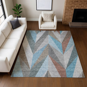 HomeRoots 10' Geometric Teal Blue, Copper & Gray Washable Area Rug for Indoor & Outdoor Spaces – Modern Style 641217