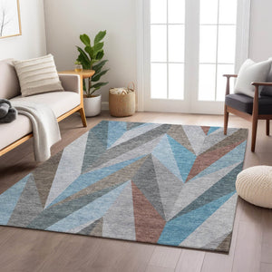HomeRoots 10' Geometric Teal Blue, Copper & Gray Washable Area Rug for Indoor & Outdoor Spaces – Modern Style 641217