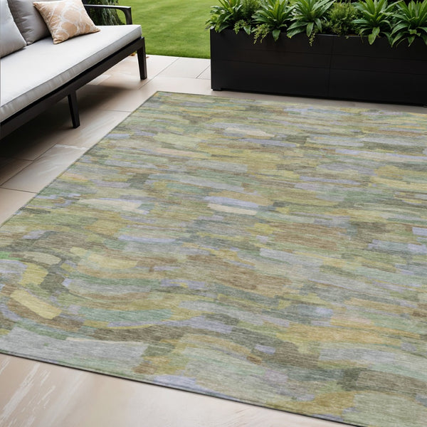 HomeRoots 5' Artichoke Green & Taupe Striped Area Rug - Washable, Durable, Indoor/Outdoor Versatility for Any Space 641219
