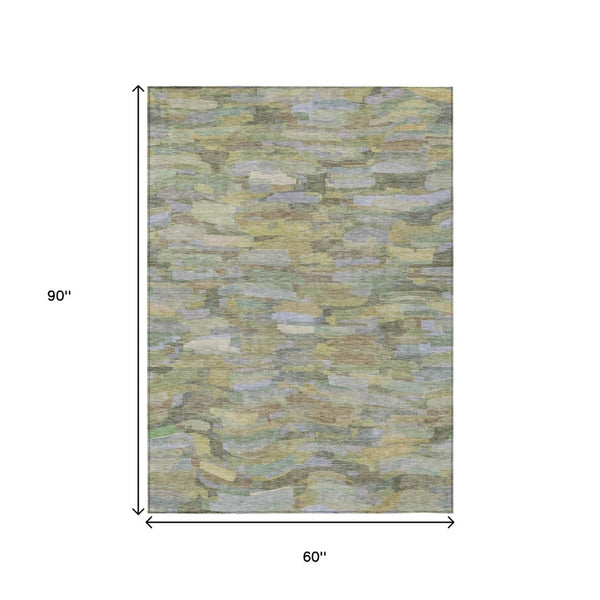 HomeRoots 5' Artichoke Green & Taupe Striped Area Rug - Washable, Durable, Indoor/Outdoor Versatility for Any Space 641219