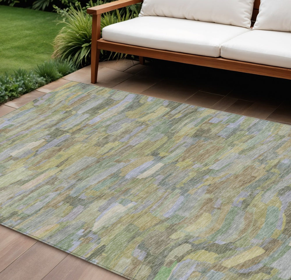 HomeRoots 8' X 10' Striped Artichoke Green and Taupe Area Rug - Durable, Machine Washable for Indoor/Outdoor Use 641221