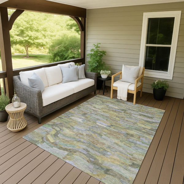 HomeRoots 9' Indoor Outdoor Area Rug in Artichoke Green & Taupe Stripes – Washable, Durable, Versatile Design 641222