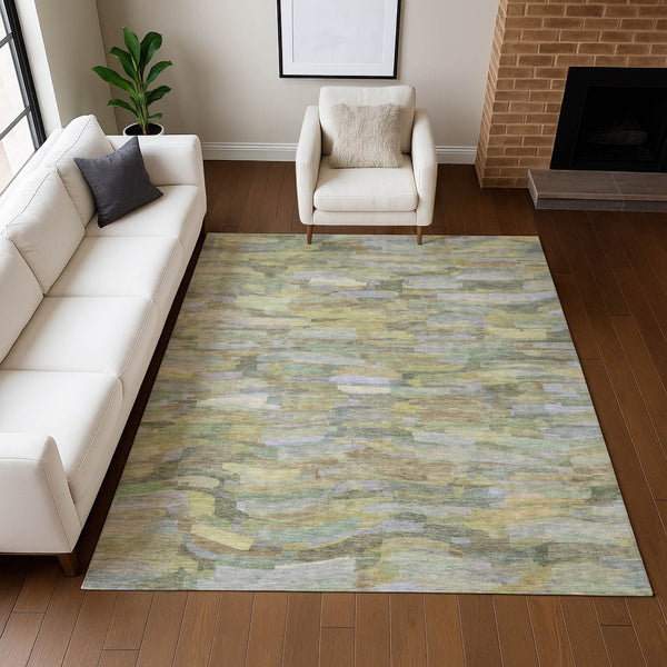 HomeRoots 9' Indoor Outdoor Area Rug in Artichoke Green & Taupe Stripes – Washable, Durable, Versatile Design 641222