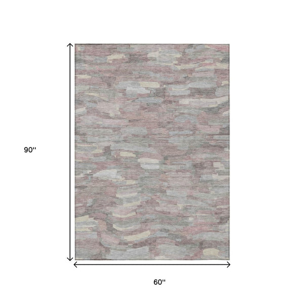 HomeRoots 5' X 8' Stylish Blush and Gray Striped Washable Area Rug for Indoor and Outdoor High-Traffic Areas 641225