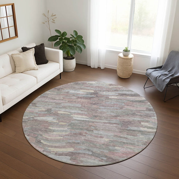 HomeRoots 8' Blush and Gray Round Striped Washable Rug - Stylish Indoor/Outdoor Comfort for Every Space! 641226
