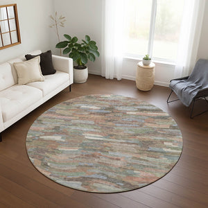 HomeRoots 8' Copper Peach Striped Round Area Rug - Washable, Durable for Indoor/Outdoor Spaces, Easy Care 641232