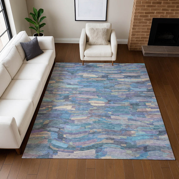 HomeRoots 5' X 8' Coastal Charm Denim Blue & Lavender Striped Washable Area Rug for Indoor/Outdoor Spaces 641237
