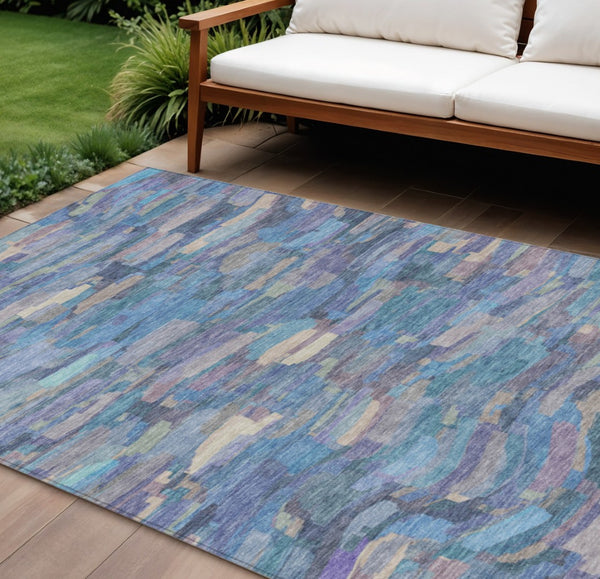 HomeRoots 10' Stylish Denim Blue Lavender Ivory Striped Washable Area Rug – Perfect for Indoor & Outdoor Use! 641241