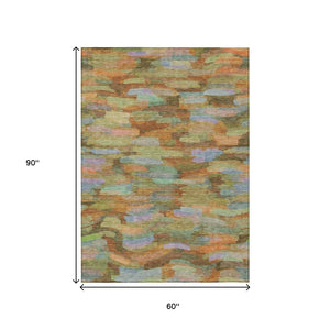 HomeRoots 5' X 8' Vibrant Striped Washable Area Rug - Durable Fern Green & Orange Design for Indoors & Outdoors 641243