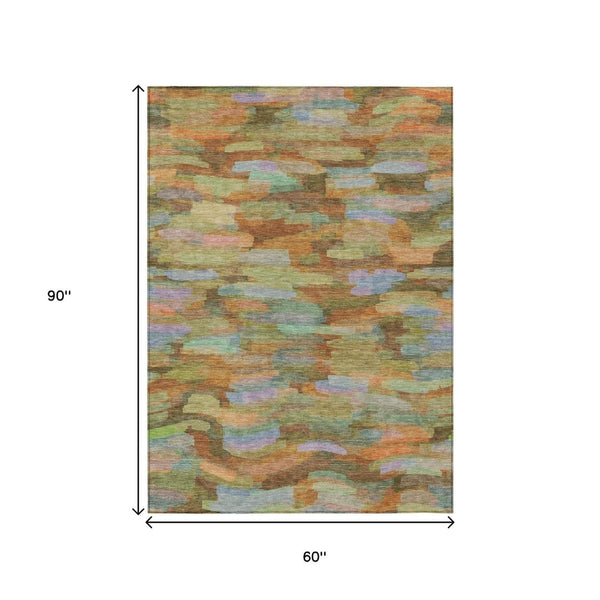 HomeRoots 5' X 8' Vibrant Striped Washable Area Rug - Durable Fern Green & Orange Design for Indoors & Outdoors 641243