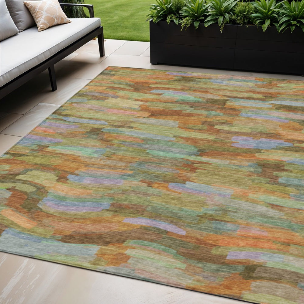 HomeRoots 5' X 8' Vibrant Striped Washable Area Rug - Durable Fern Green & Orange Design for Indoors & Outdoors 641243