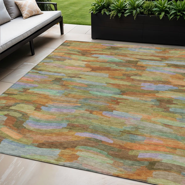 HomeRoots 5' X 8' Vibrant Striped Washable Area Rug - Durable Fern Green & Orange Design for Indoors & Outdoors 641243