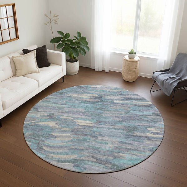 HomeRoots 8' Teal Blue Round Striped Area Rug - Washable, Durable, Indoor/Outdoor Decor for Stylish Spaces 641256