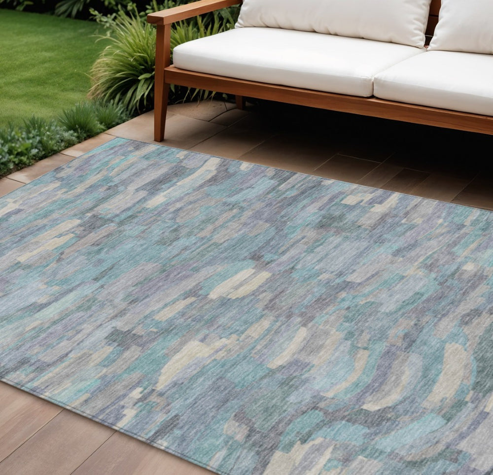 HomeRoots 9' X 12' Teal Blue Striped Washable Area Rug - Perfect for Indoor & Outdoor Spaces, Durable & Stylish! 641258