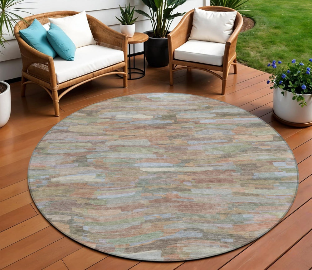 HomeRoots 8' Taupe Copper Ivory Round Striped Rug – Durable, Washable, Indoor Outdoor Decor for High Traffic Areas 641262