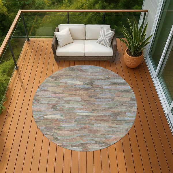 HomeRoots 8' Taupe Copper Ivory Round Striped Rug – Durable, Washable, Indoor Outdoor Decor for High Traffic Areas 641262