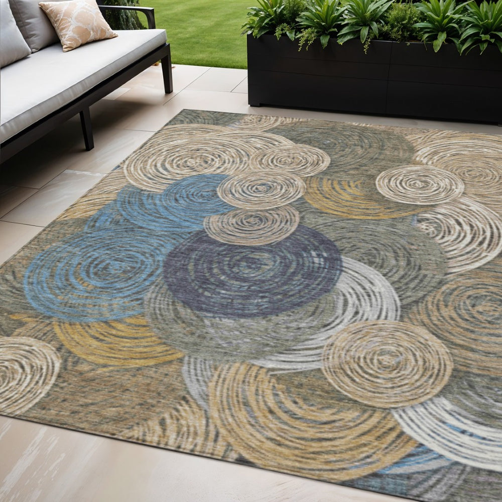 HomeRoots 5' X 8' Geometric Washable Indoor Outdoor Area Rug in Beige, Green, Blue & Gold – Stylish & Durable! 641267