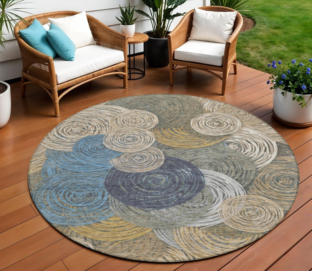 HomeRoots 8' Geometric Indoor Outdoor Area Rug in Beige, Green, Blue & Gold - Durable, Washable & Stylish! 641268
