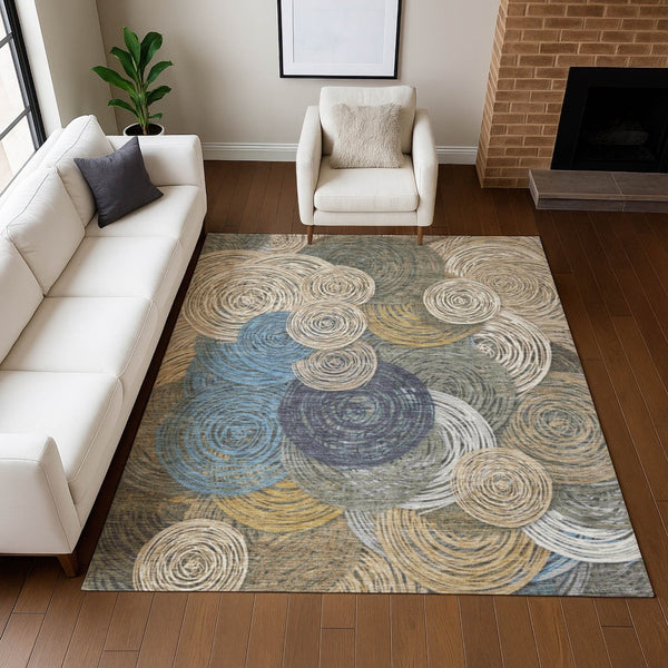 HomeRoots 8' Geometric Washable Area Rug in Beige, Green, Blue & Gold – Indoor/Outdoor Durable Design for Homes 641269