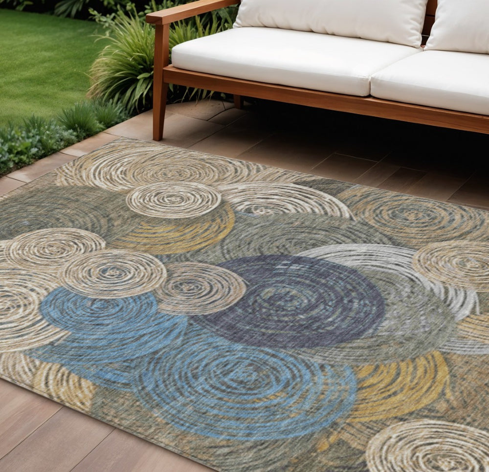 HomeRoots 10' Geometric Washable Area Rug in Beige, Green, Blue & Gold – Durable Indoor/Outdoor Design! 641271