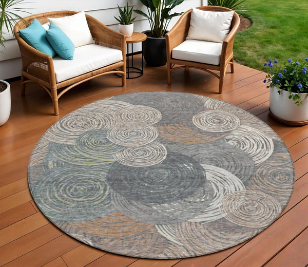 HomeRoots 8' Round Geometric Indoor Outdoor Area Rug in Brown Taupe & Beige – Washable, Durable & Stylish! 641274