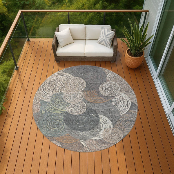 HomeRoots 8' Round Geometric Indoor Outdoor Area Rug in Brown Taupe & Beige – Washable, Durable & Stylish! 641274