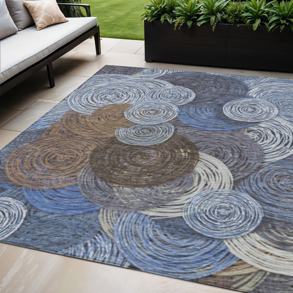 HomeRoots 5' Geometric Area Rug in Blue, Brown & Ivory – Washable, Stain-Resistant, Ideal for Indoor & Outdoor Use 641279