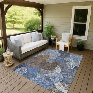 HomeRoots 5' Geometric Area Rug in Blue, Brown & Ivory – Washable, Stain-Resistant, Ideal for Indoor & Outdoor Use 641279