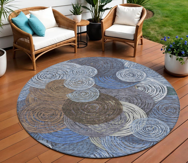 HomeRoots 8' Stylish Blue, Brown & Ivory Geometric Washable Round Area Rug for Indoor & Outdoor Spaces 641280