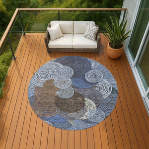 HomeRoots 8' Stylish Blue, Brown & Ivory Geometric Washable Round Area Rug for Indoor & Outdoor Spaces 641280