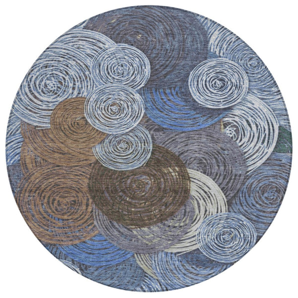 HomeRoots 8' Stylish Blue, Brown & Ivory Geometric Washable Round Area Rug for Indoor & Outdoor Spaces 641280